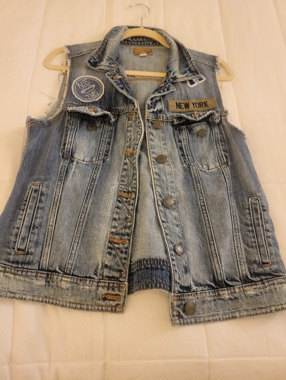 American Eagle Outfitters Distressed Light Blue Denim Vest with Patches